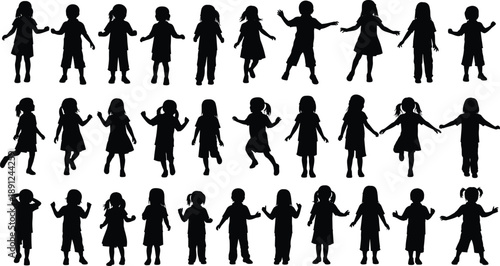 Big Set of Happy Children Silhouettes Playing Jumping and Dancing Isolated on White Background for School Education Youth Activities and Childhood Creative Graphic Design