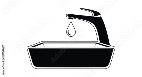 A black and white illustration depicts a bathroom sink with a single water droplet