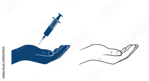 A blue sketch depicts a syringe poised above an open hand alongside a line drawn hand