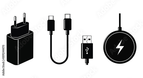 Black and white icons depicting various charging plugs and wireless charging pad