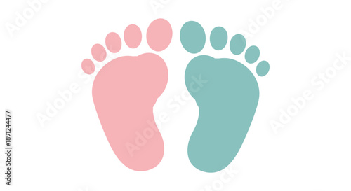 Two baby footprints are displayed one pink and one teal against a white background