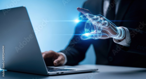 Artificial Intelligence Integration A Businessman's Digital Transformation with Robotic Assistance and Advanced Technology for Enhanced Productivity and Innovation