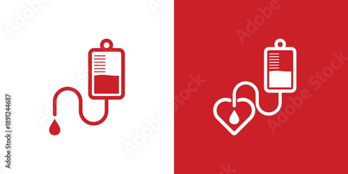 Blood donation concept with blood bag and heart shape.