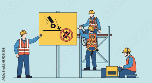 Safety Warning Sign and Construction Workers.
