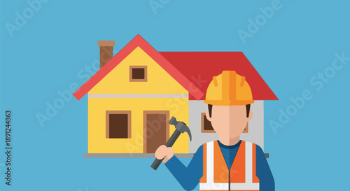 Home Renovation Concept Construction Worker With House Hammer.