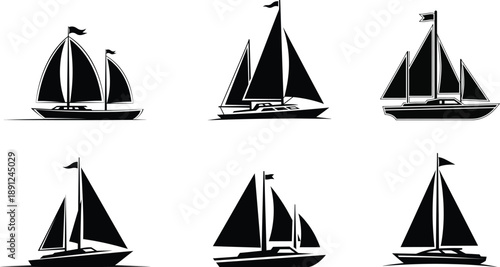 Six black sailing yachts on water