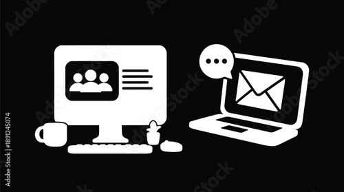 Desktop computer and laptop workstation illustration with communication icons on background