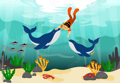 Cute little kids diving to see the beauty of the deep sea with whale. kid diving under the ocean illustration. Vector illustration of swimming and diving underwater.