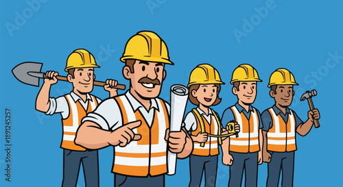 Construction Workers Team Engineers Builders Safety Blue Background.