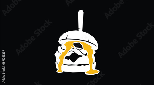 Burger with dripping cheese and knife, appetizing fast food icon, stylized illustration on black