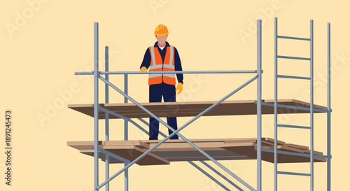 Construction Worker on Scaffold Safety Building Architecture.