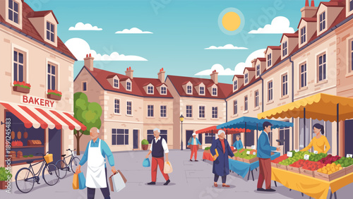 Charming Town Square Vector Illustration A Bustling European Marketplace with Shoppers and Stalls Under a Clear Blue Sky