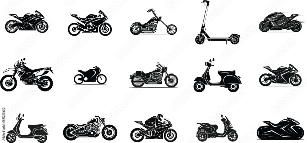 Fototapeta premium Collection of various motorcycle and scooter illustrations