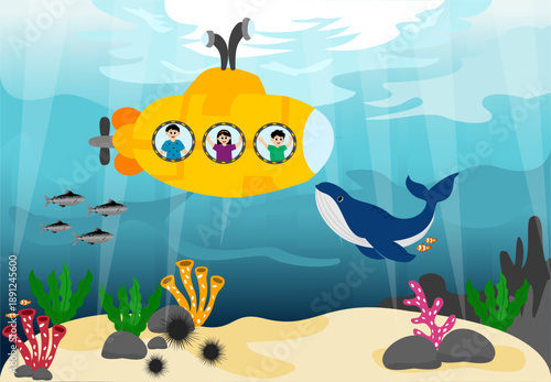 Cute little kids board a submarine to see the beauty of the deep sea. underwater submarine. Underwater boat in the deep ocean world, vector illustration of a submarine underwater.