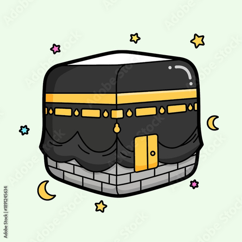 Cute cartoon illustration of the Kaaba, a holy Islamic site, adorned with stars and crescent moons, representing faith and pilgrimage.