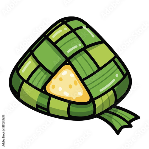A cartoon illustration of a green diamond-shaped ketupat with a yellow filling.