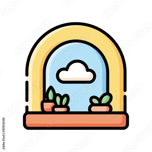 Cartoon illustration of an arched window with potted plants on the sill and a cloud in the sky.
