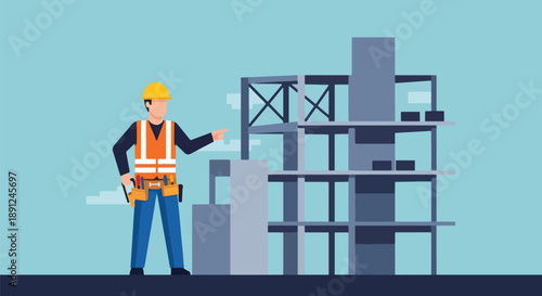Construction Worker Pointing at Building Under Construction Engineering.