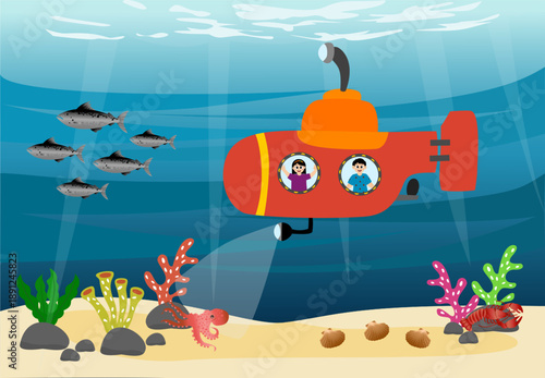 Cute little kids board a submarine to see the beauty of the deep sea. underwater submarine. Underwater boat in the deep ocean world, vector illustration of a submarine underwater.
