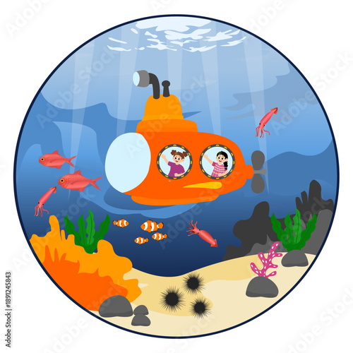 Cute little kids board a submarine to see the beauty of the deep sea. underwater submarine. Underwater boat in the deep ocean world, vector illustration of a submarine underwater.