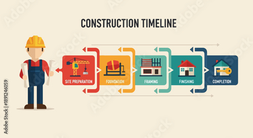 Construction Timeline Building Process and Phases Vector Graphic.