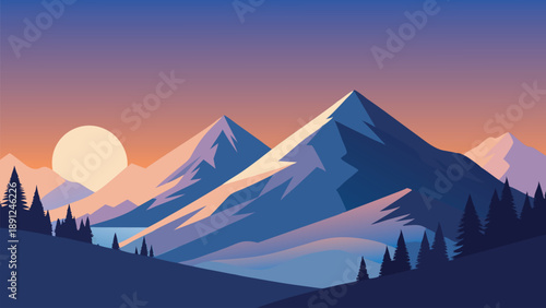 Beautiful Winter Mountain Sunrise Landscape with Pine Forest – Flat Vector Illustration