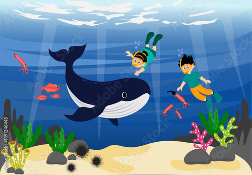 Cute little kids diving to see the beauty of the deep sea with whale. kid diving under the ocean illustration. Vector illustration of swimming and diving underwater.