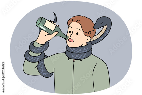 Man drinks beer standing with snake around neck, metaphor for alcohol addiction and slow destruction of health. Guy with bottle of beer in hands is addicted to alcohol and leads unhealthy lifestyle.