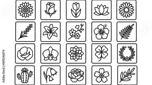 Set of 20 square icons, each representing a distinct concept, ideal for user interfaces and web applications