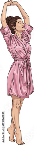 Create a realistic Woman in a silky bathrobe standing barefoot and stretching her arms, vector art with white background.