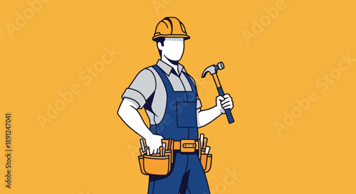 Construction worker with hammer and tool belt.