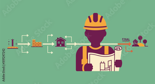 Construction Process Engineer Holding Blueprint Workflow Diagram.
