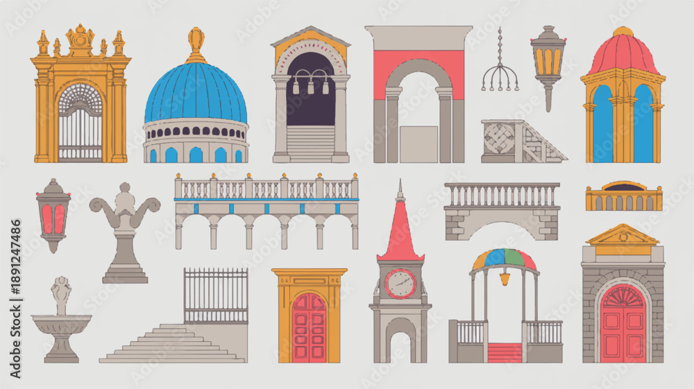 Fototapeta premium Set of classic and modern architectural elements as colorful vector silhouettes with bold outlines