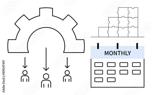 Workflow optimization. Image features gear distributing tasks to team members, puzzle pieces collaboration, and a monthly calendar for planning. Workflow streamlining, collaboration, efficiency