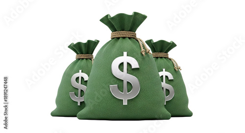 Three green money bags with dollar signs on a white background