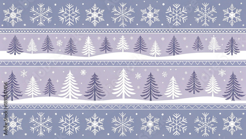 seamless Christmas pattern, Nordic winter style, repeating horizontal rows of white pine trees and snowflake vector background 
