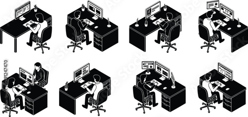 Isometric Vector Illustration Set of Business People Working at Desks with Computers and Monitors in Minimalist Black and White Office Workspace Interior Design