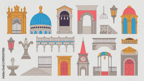 Set of classic and modern architectural elements as colorful vector silhouettes with bold outlines