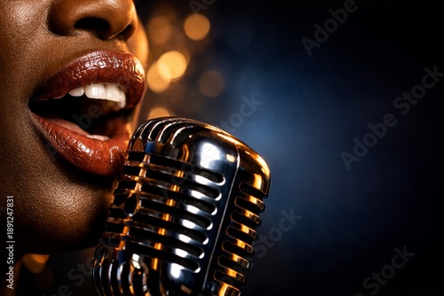A singer expresses emotion while singing into a microphone in a jazz performance to honor Black History Month