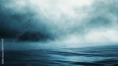 Ocean water reflecting the dramatic atmosphere, with dark clouds and thick fog covering the horizon, creating a sense of mystery, isolation, and the powerful, unpredictable forces of nature