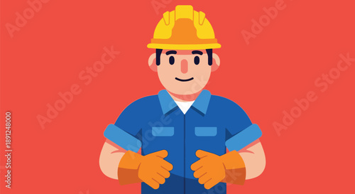 Smiling Construction Worker Wearing Hard Hat and Gloves.