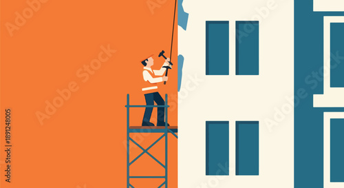 Worker Repairing Building Exterior on Scaffolding.