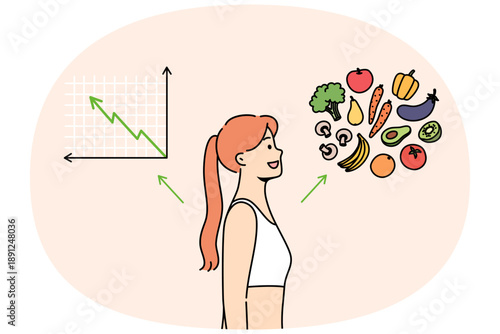 Woman switched to balanced diet feels improved immunity, stands near vegetables and increasing graph. Concept importance of proper nutrition to avoid diseases and appearance of cellulite