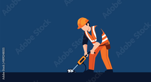Construction Worker with Jackhammer Breaking Ground on Dark Blue Background.