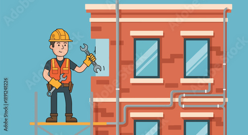 Construction Worker Repairing Brick Building Facade with Tools Scaffolding.