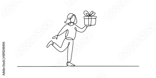One single line art drawing of a cheerful woman skipping with a gift box Vector, illustration