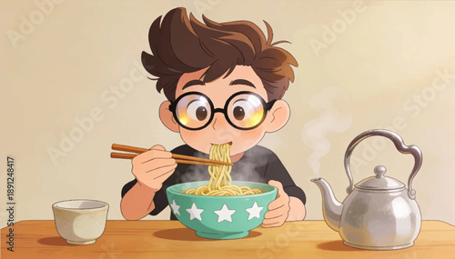 Illustration of a character eating ramen using chopsticks and making tea. Vector graphics. EPS.