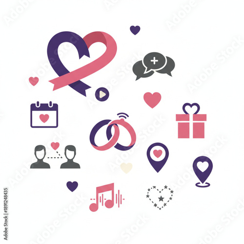 Valentine's Day icon set wedding rings, hearts, calendar, music notes, and chat bubbles in a charming flat design