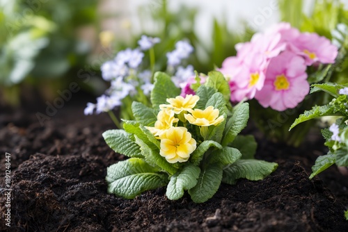 Yellow flower with a green stem is growing in the dirt