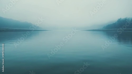 Still water with gentle ripples reflecting a serene landscape with distant fog shrouded hills and shoreline trees creating a peaceful, mysterious, and tranquil natural atmosphere